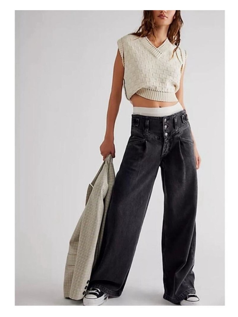 NWT Free People Super Sweeper High Rise Wide Leg Jeans Washed Black Size S